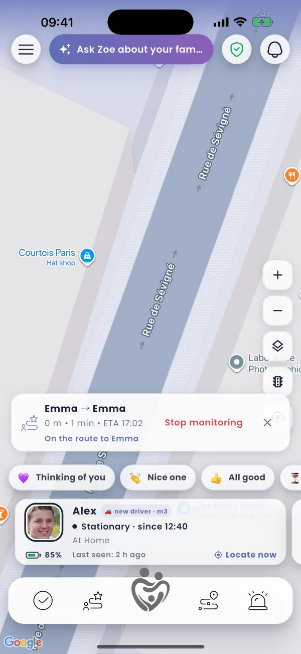 Monitoring: on the route, minutes left